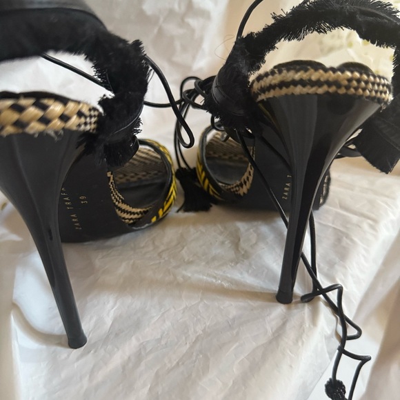 Zara Black and Yellow Woven Lace Up Sandals - Picture 6 of 9